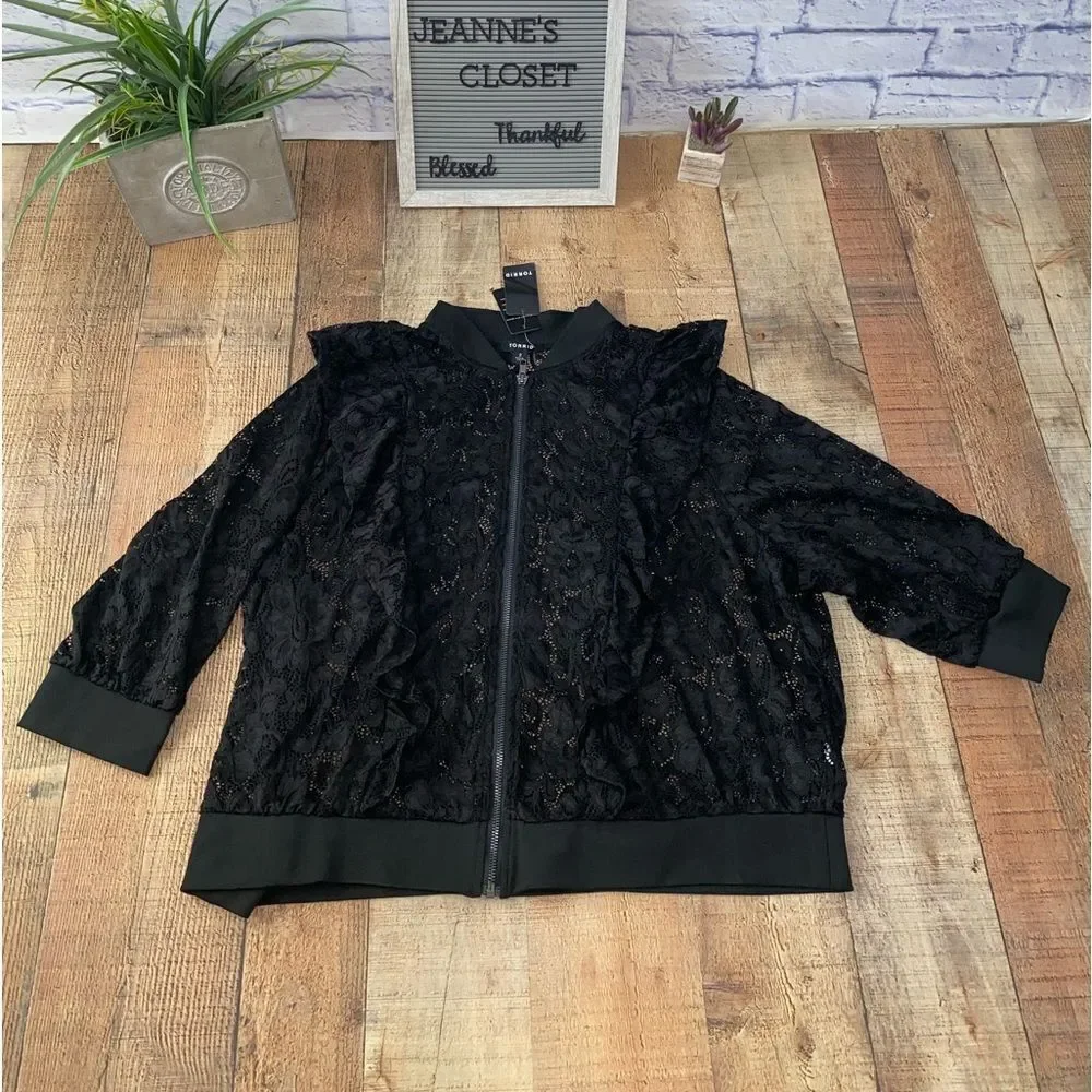 NWT Torrid Black Lace Ruffle Crop Bomber jacket - Picture 8 of 15